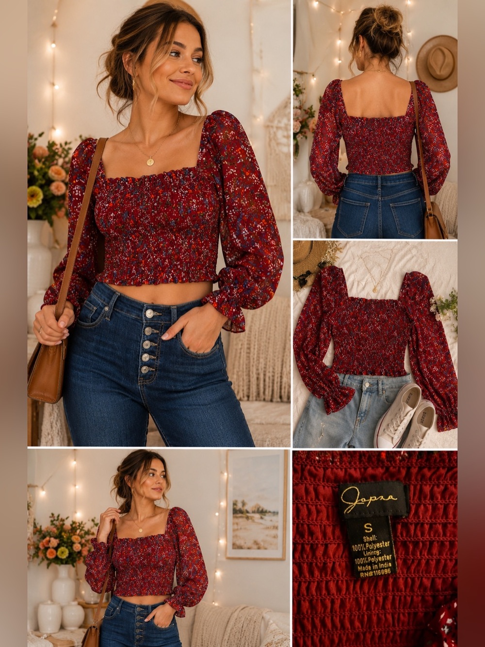 Japna floral smocked crop top size small | boho cottagecore puff sleeve blouse